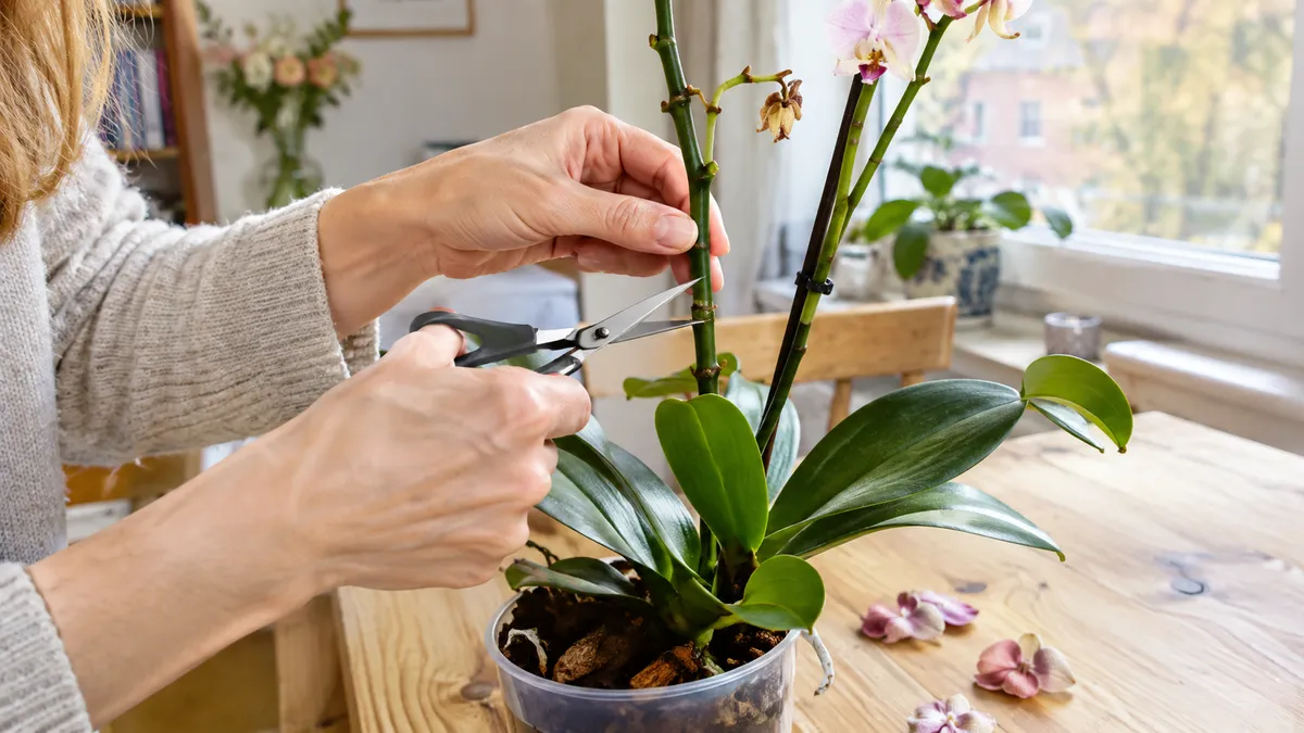 Hände schneiden den grünen Blütenstiel einer Orchidee mit einer kleinen Schere oberhalb eines Knotens ab