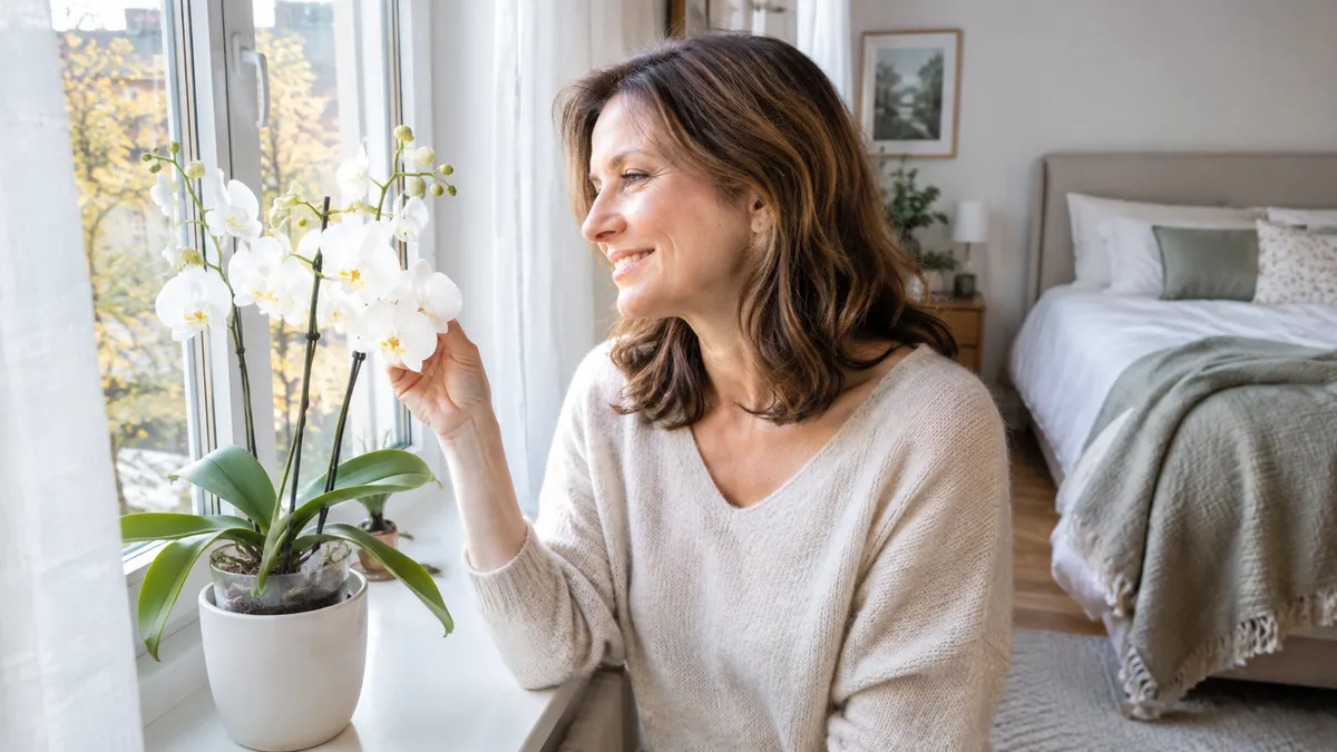 Lächelnde Frau berührt eine blühende weiße Orchidee auf der Fensterbank eines hellen Schlafzimmers