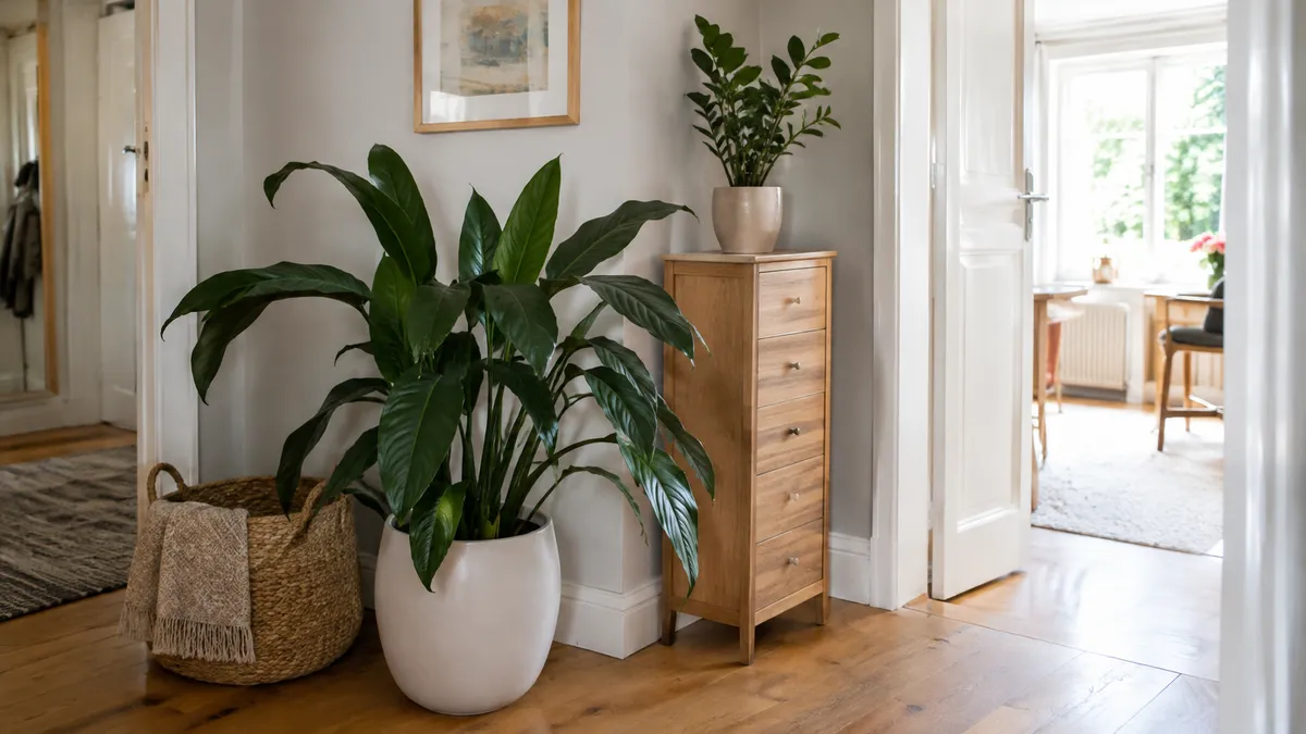 Schusterpalme und Zamioculcas in hellen Keramiktöpfen in einer Flurecke neben einer Kommode