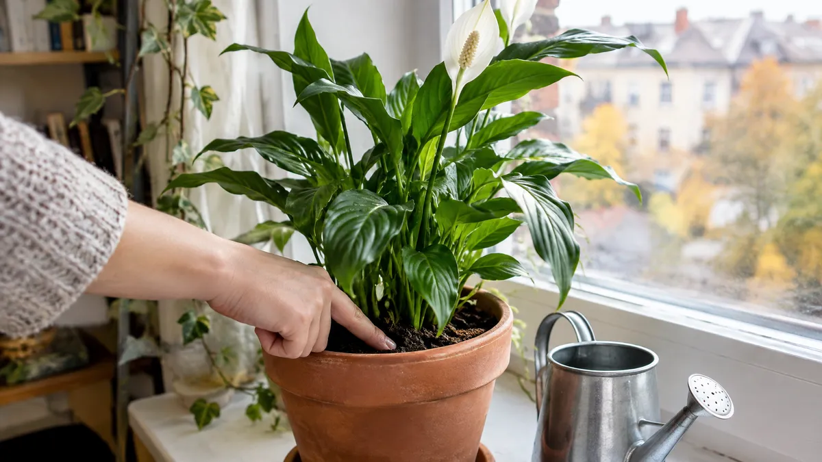 Finger prüft die Erde im Topf eines Einblatts, daneben eine kleine Gießkanne auf der Fensterbank