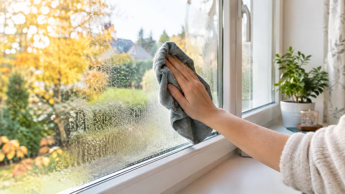 Hand wischt mit einem grauen Mikrofasertuch Kondenswasser von der Innenseite einer Fensterscheibe