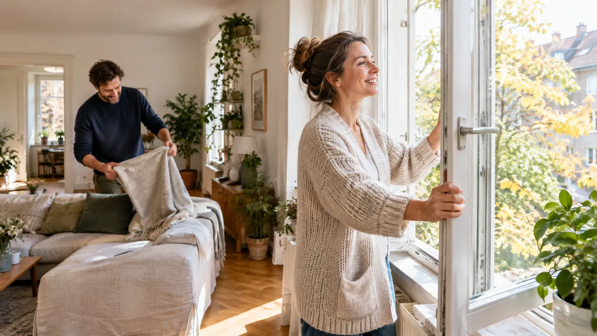 Frau öffnet an einem Herbstmorgen ein großes Fenster im hellen Wohnzimmer weit, dahinter faltet ein Mann eine Decke