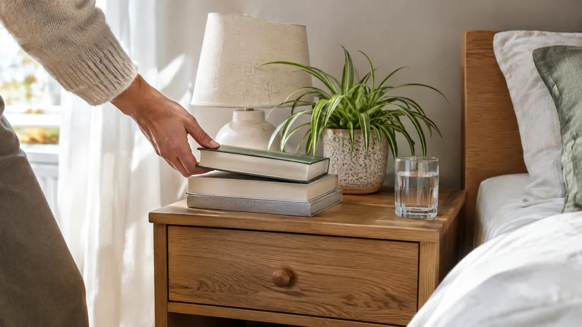 Hand legt ein Buch auf einen Bücherstapel auf dem Holznachttisch, daneben Leuchte, Wasserglas und Grünlilie am Bett