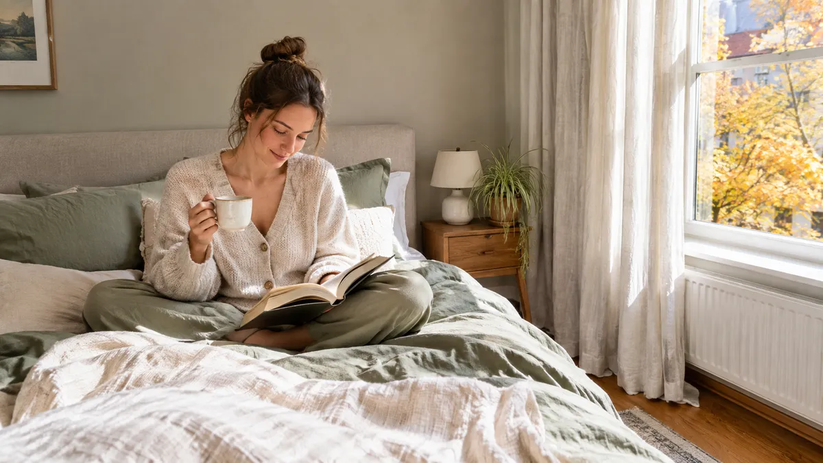 Junge Frau sitzt mit Buch und Teetasse auf einem Bett mit Leinenbettwäsche in Salbeigrün und Creme