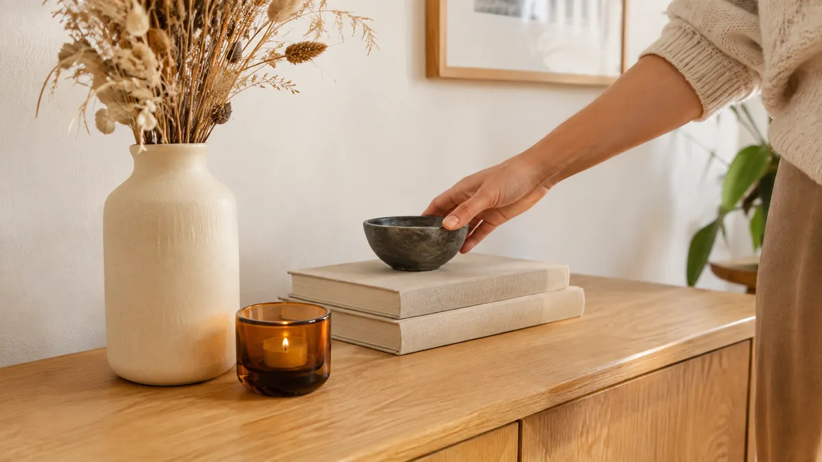 Dreiergruppe auf einem Sideboard: hohe Vase mit Gräsern, Bücherstapel mit Schale und ein flaches Teelichtglas