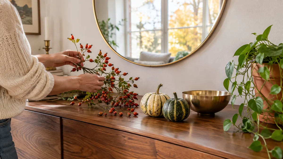 Hände legen Hagebuttenzweige neben zwei Zierkürbisse und eine Messingschale auf ein Sideboard aus Nussbaum