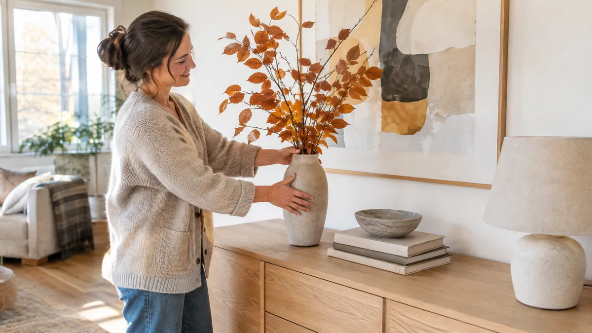 Frau stellt eine Vase mit Herbstzweigen auf ein helles Holz-Sideboard, dahinter hängt ein großes abstraktes Bild