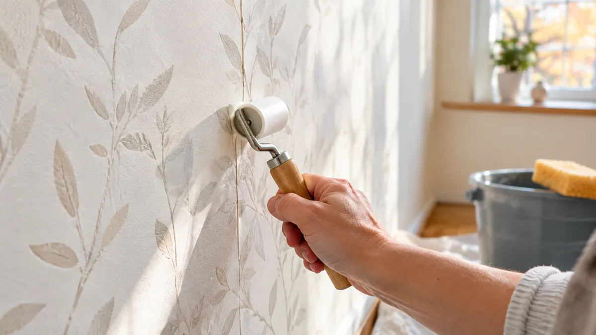 Hand fährt mit einem kleinen Nahtroller über die Naht zweier Tapetenbahnen mit feinem Blättermuster