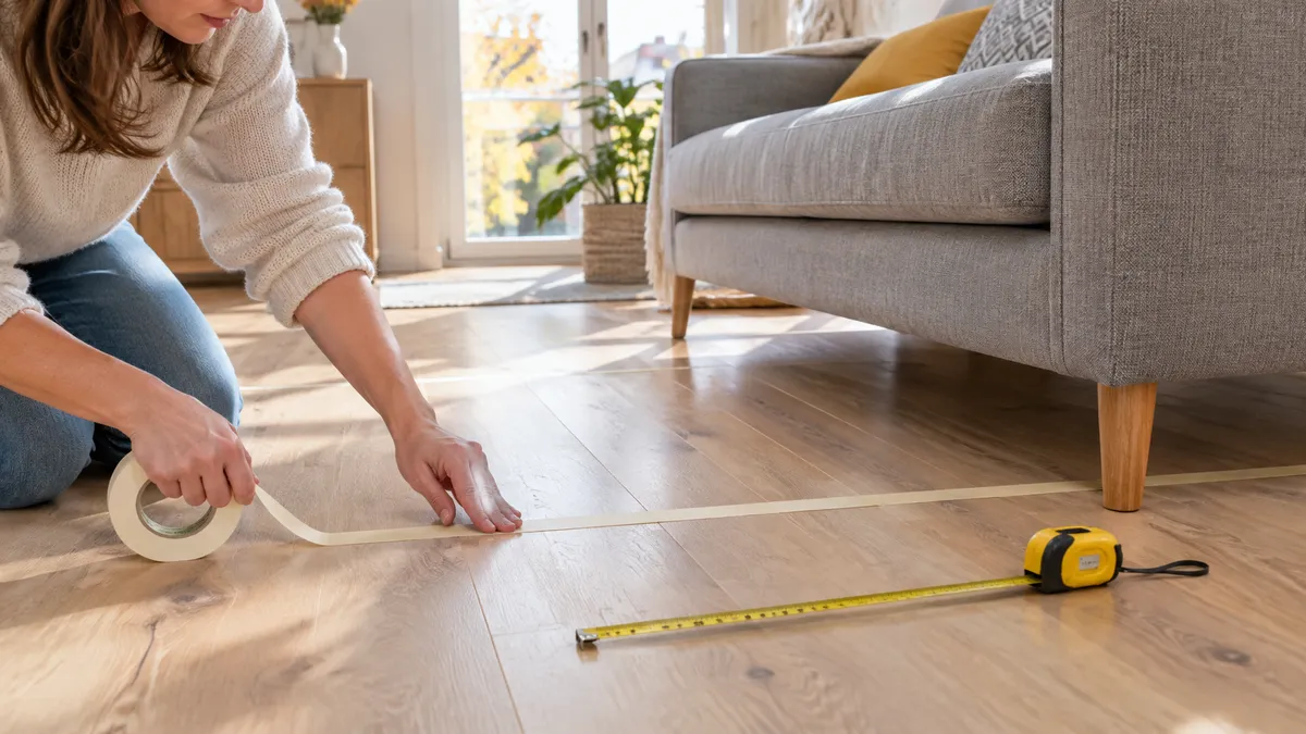 Hände kleben mit Malerkrepp die Umrisse eines Teppichs vor einem Sofa auf einen Holzboden, daneben liegt ein Maßband