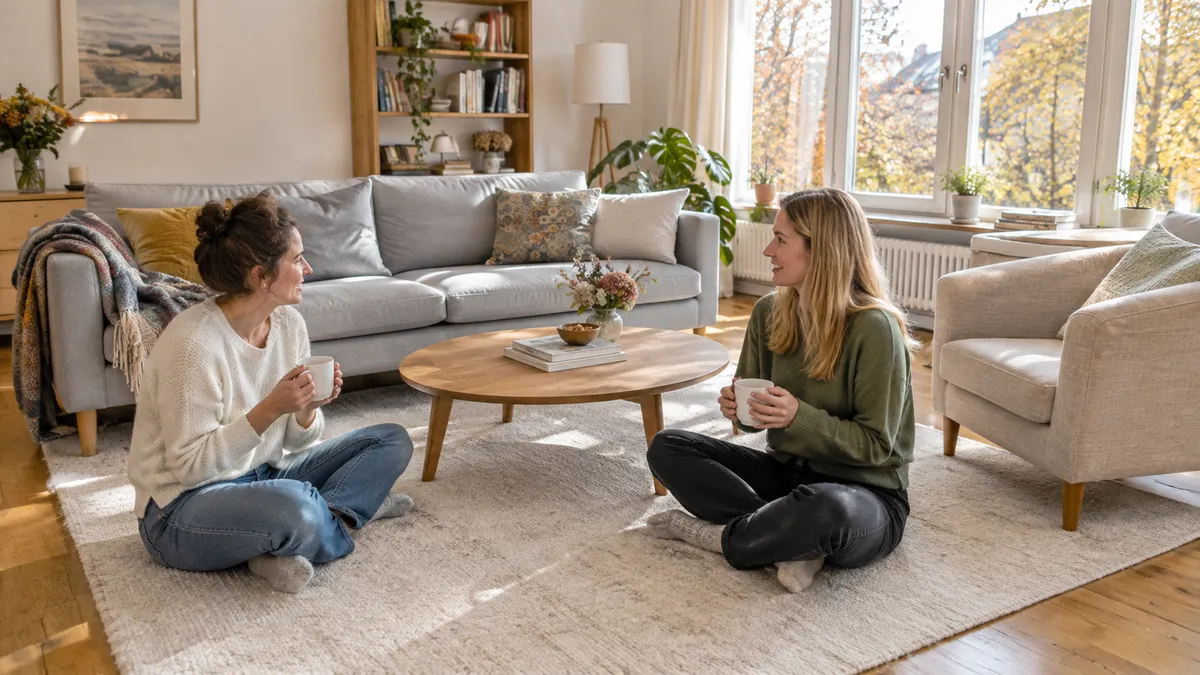 Zwei Freundinnen sitzen mit Tee auf einem großen hellen Wollteppich vor einem Sofa im herbstlichen Wohnzimmer