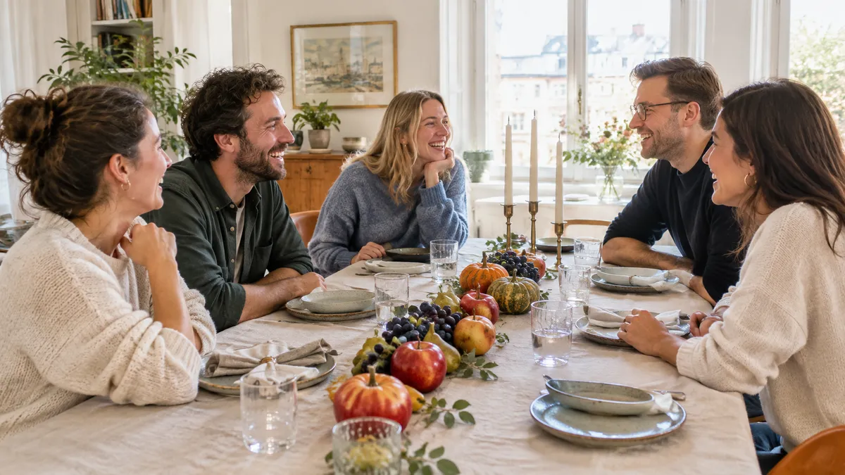 Fünf Freunde lachen an einem herbstlich gedeckten Holztisch mit Leinendecke, Kerzen, Äpfeln und kleinen Kürbissen