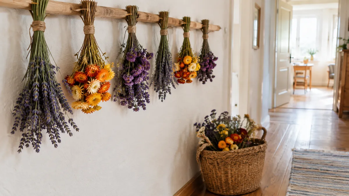 Kleine Bunde aus Lavendel, Strohblumen und Strandflieder hängen kopfüber an einer Holzstange im schattigen Flur