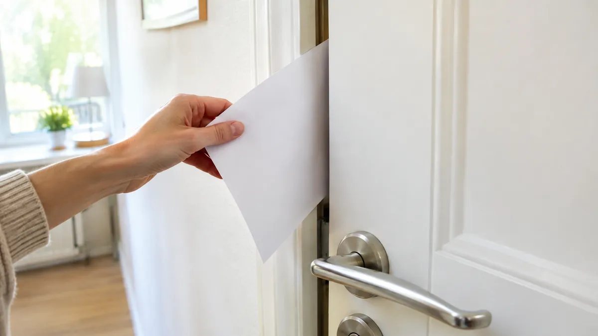 Hand schiebt ein weißes Blatt Papier in den schmalen Spalt zwischen einer weißen Zimmertür und ihrem Holzrahmen