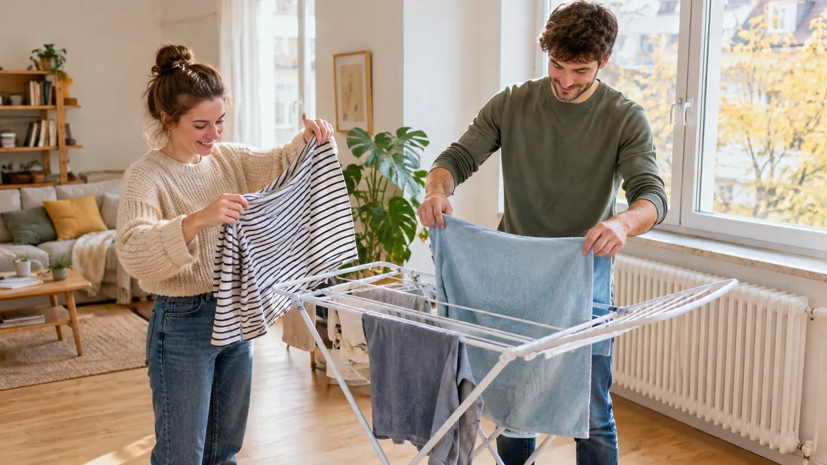 Paar hängt gemeinsam frisch gewaschene Wäsche an einen frei stehenden Wäscheständer im hellen Wohnzimmer