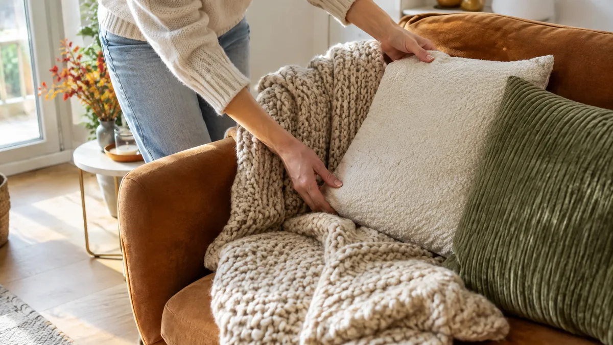 Hände legen ein Bouclé-Kissen und eine grob gestrickte Decke auf einen karamellfarbenen Sessel