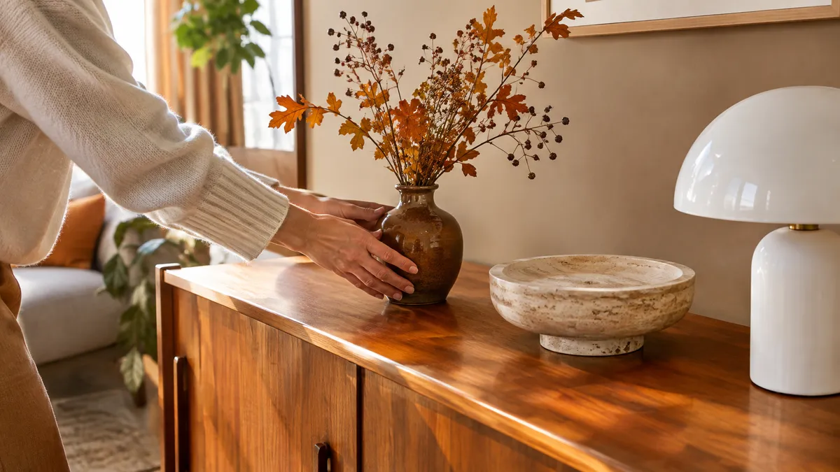 Hände stellen eine braune Keramikvase mit Zweigen auf ein altes Teak-Sideboard neben eine Schale aus Travertin
