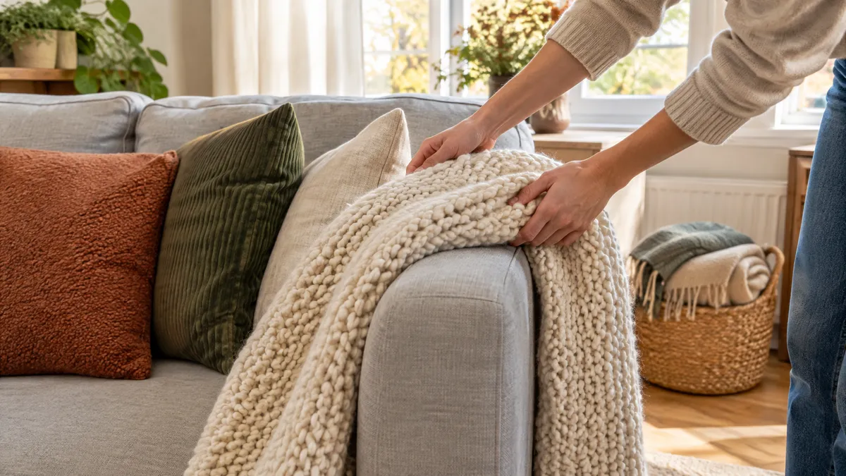 Hände legen eine grob gestrickte Wolldecke über die Sofalehne, daneben Kissen aus Bouclé, Cord und Leinen