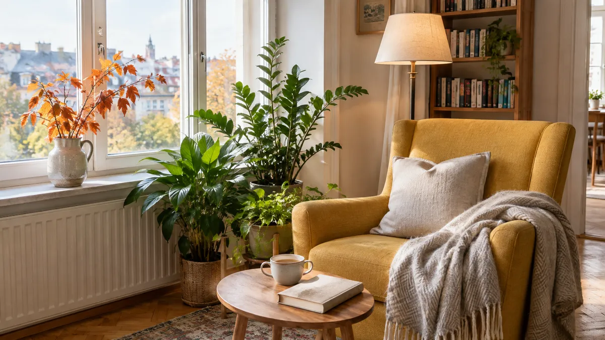 Leseecke am Fenster mit Sessel, Wolldecke, Stehleuchte, Beistelltisch mit Tee, Herbstzweigen und einer Pflanzengruppe