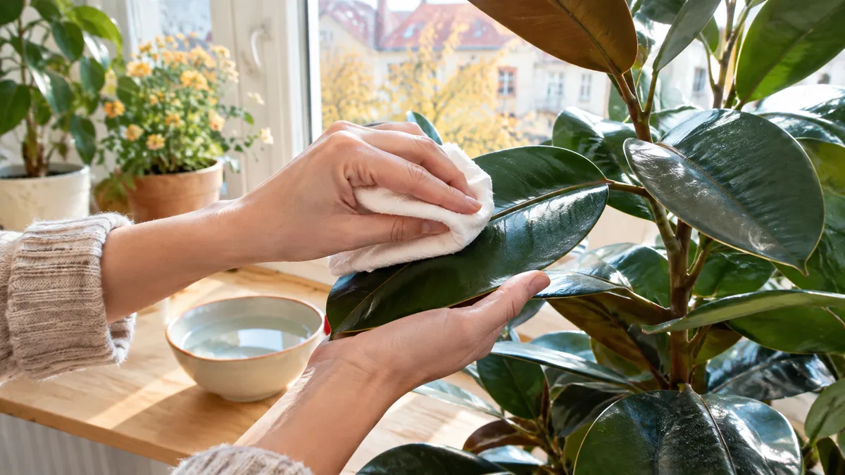 Hände wischen mit einem feuchten Tuch Staub von einem großen, glänzenden Blatt eines Gummibaums