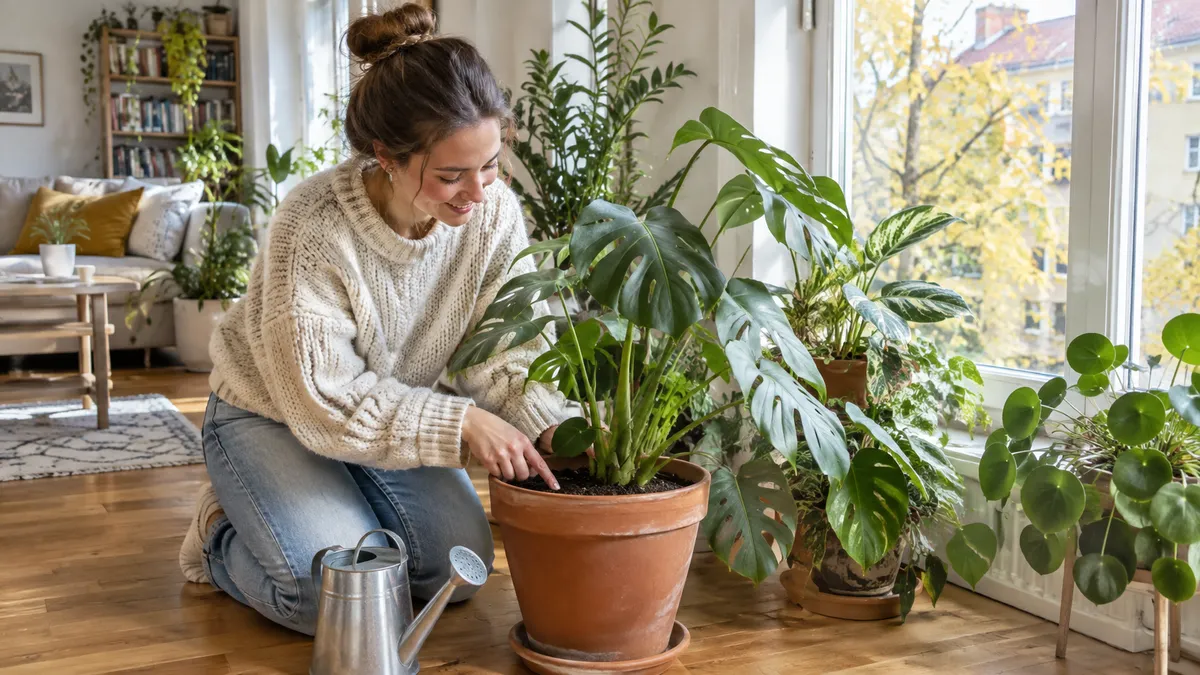 Junge Frau prüft mit dem Finger die Erde einer großen Monstera, daneben eine Gießkanne und weitere Pflanzen am Fenster